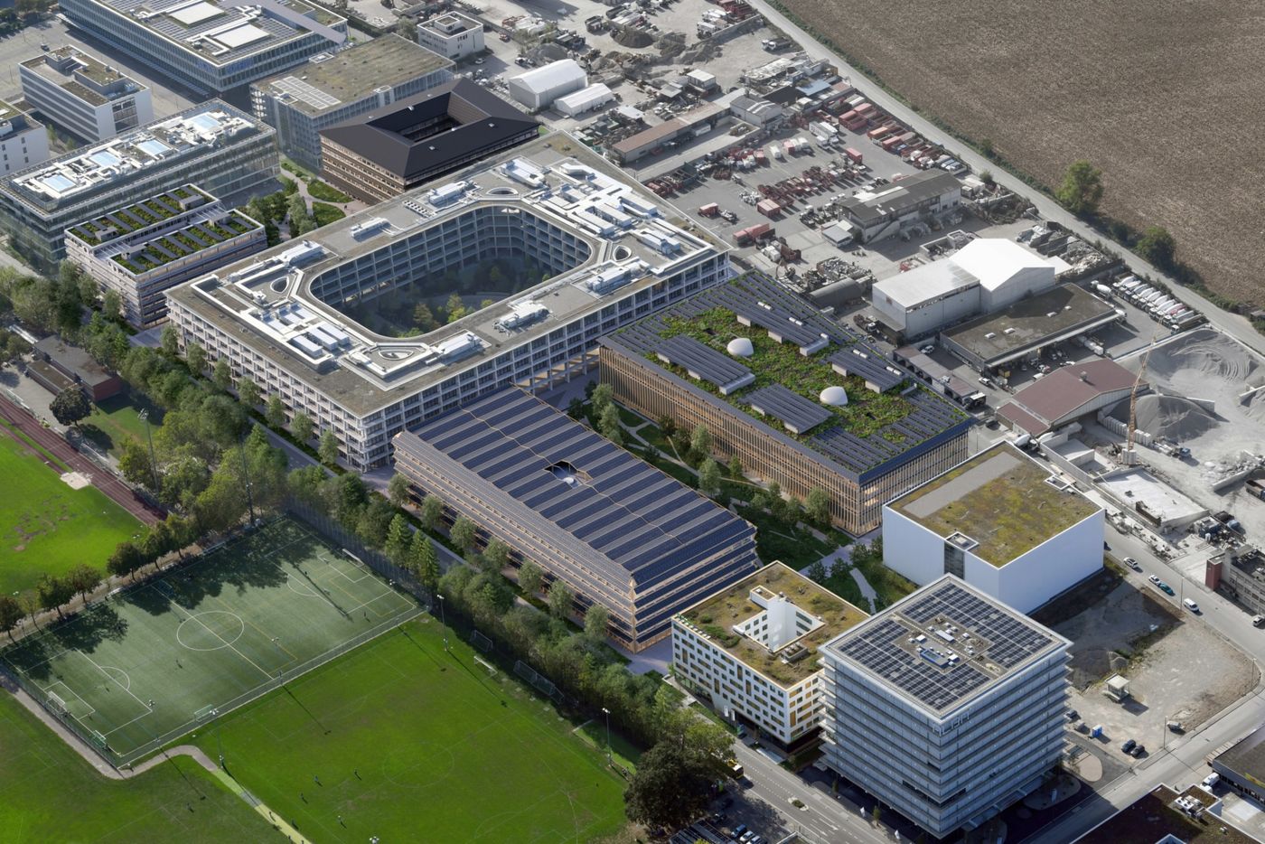 Aerial view of the Switzerland Innovation Park Basel Area Main Campus
