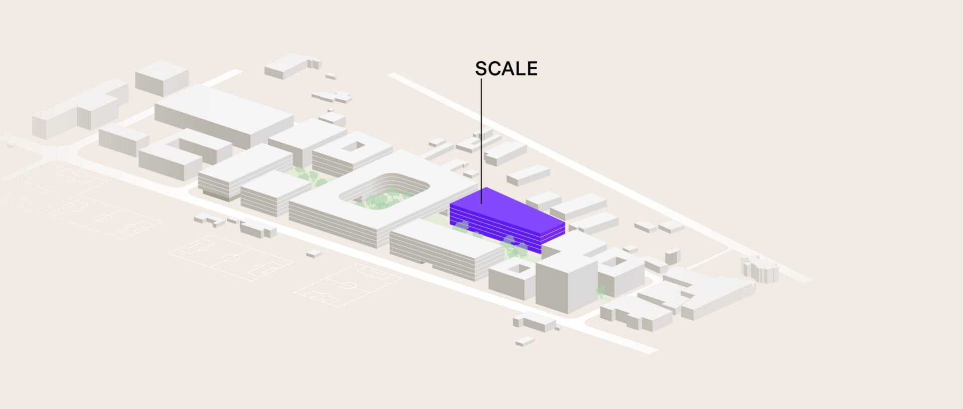 Isometric campus map highlighting the SCALE building